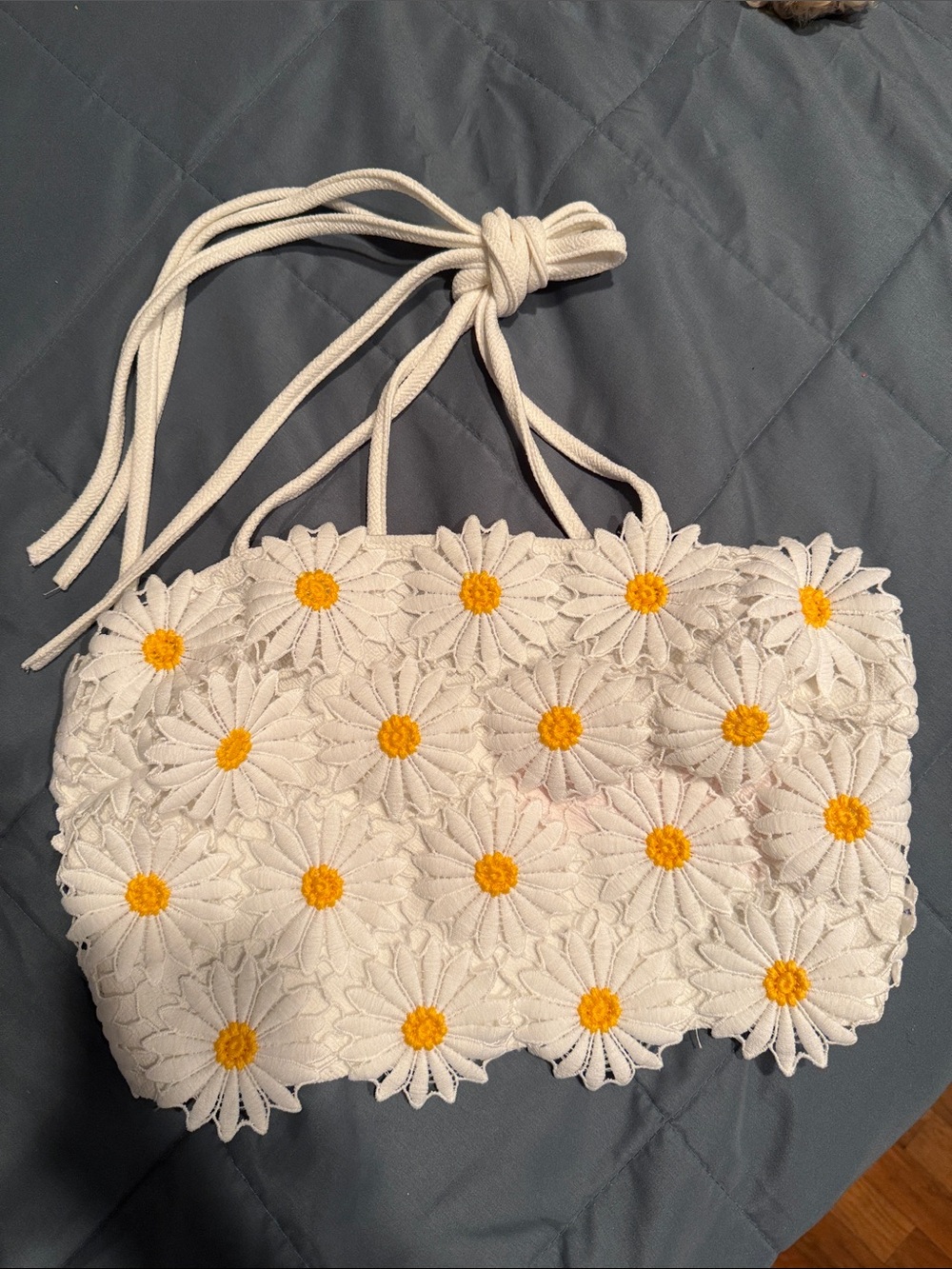 White Daisy Crochet Shoulder Bag with Yellow Centers